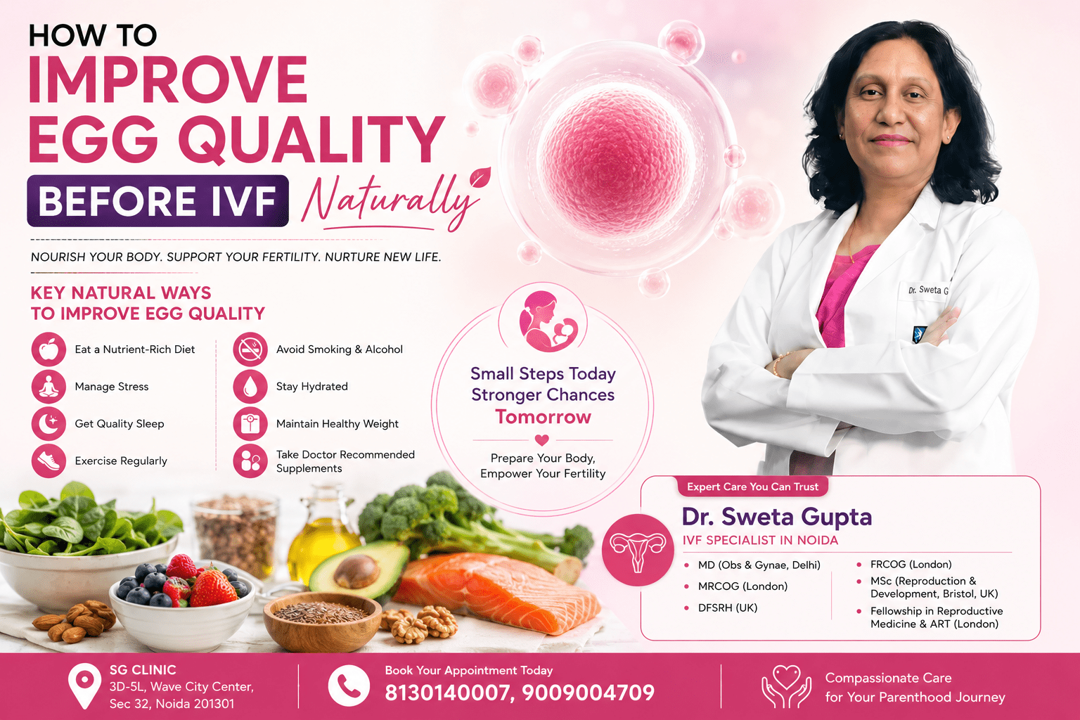 Expert fertility tips to naturally support egg quality before IVF by Dr. Sweta Gupta, IVF Specialist in Noida.