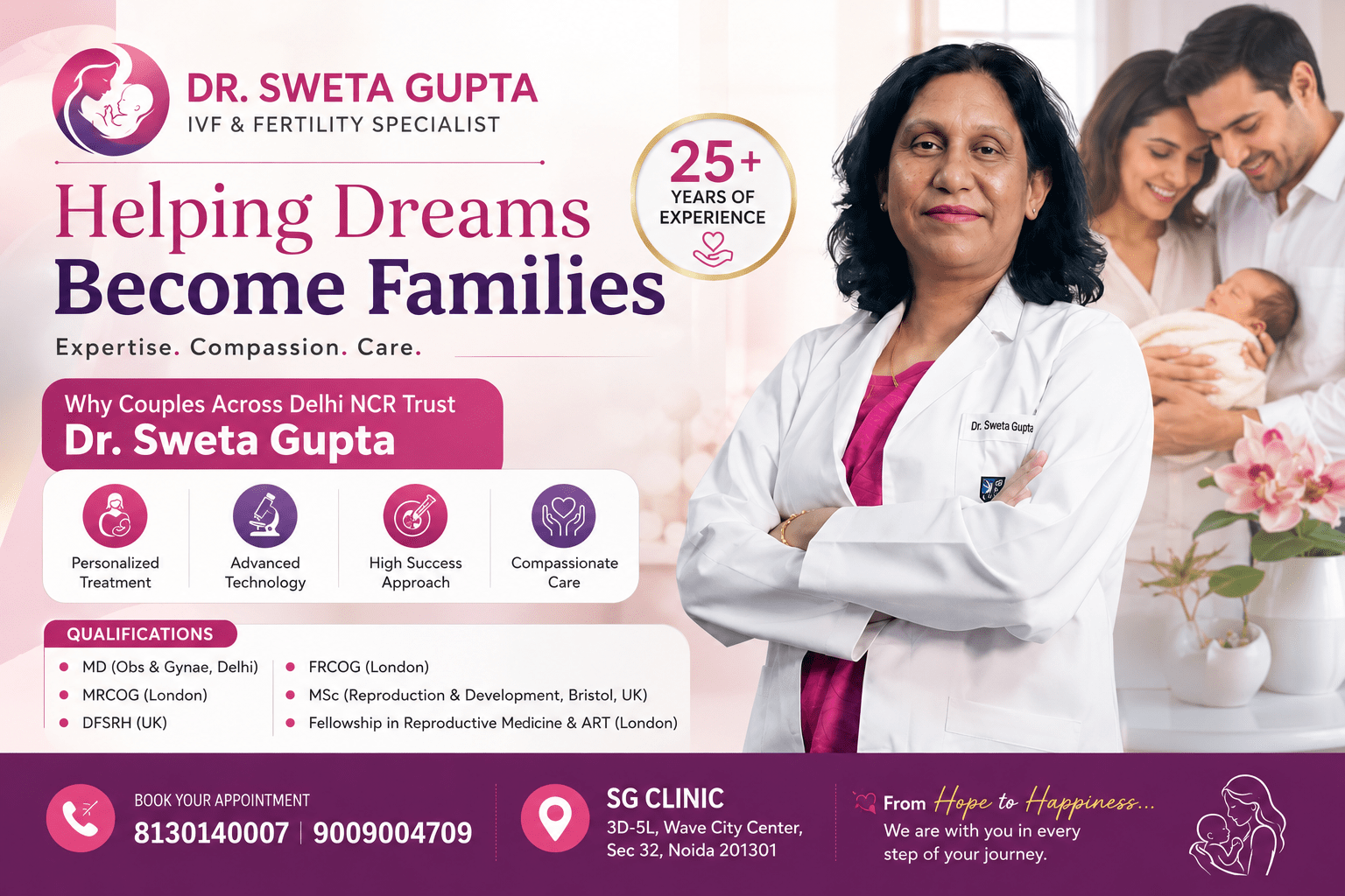 Dr. Sweta Gupta offers personalized fertility care, IVF treatment, IUI, ICSI, and advanced reproductive medicine services for couples across Delhi NCR at SG Clinic, Noida.