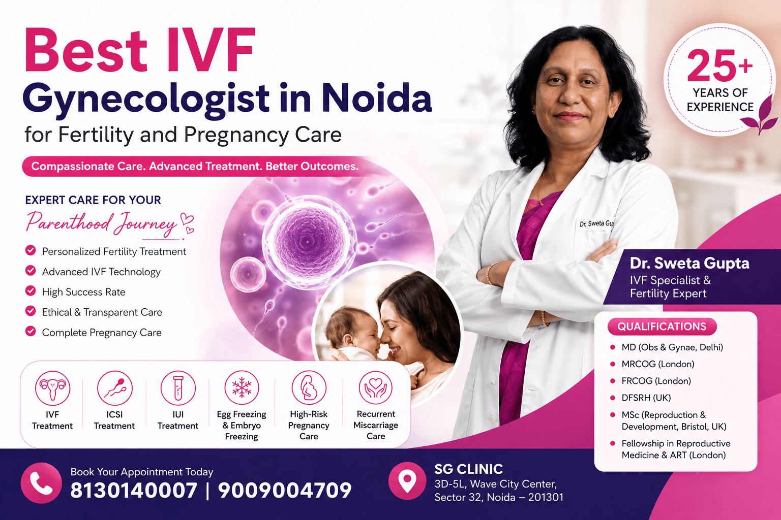 Consult Dr. Sweta Gupta, an internationally trained IVF Specialist in Noida with 25+ years of experience in fertility treatment, IVF, pregnancy care, recurrent miscarriage management, PCOS treatment, and women's reproductive health.